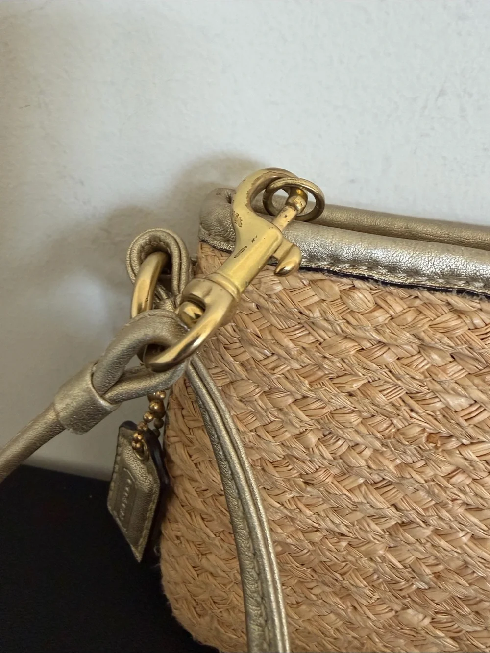 Coach Straw Floral Wristlet Metallic Leather Flower Wrist Strap